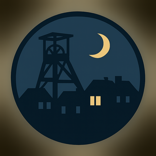 Logo Mardorf bei Nacht: Fördergerüst, Mond und ein erleuchtetes Fenster